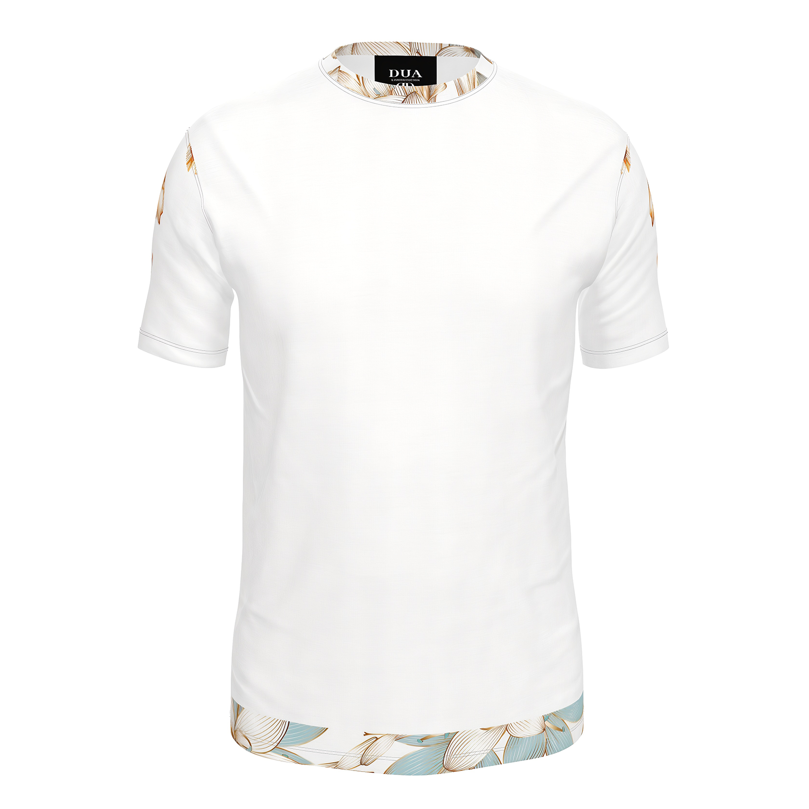 White t-shirt with floral neckline and cuffs on a white background